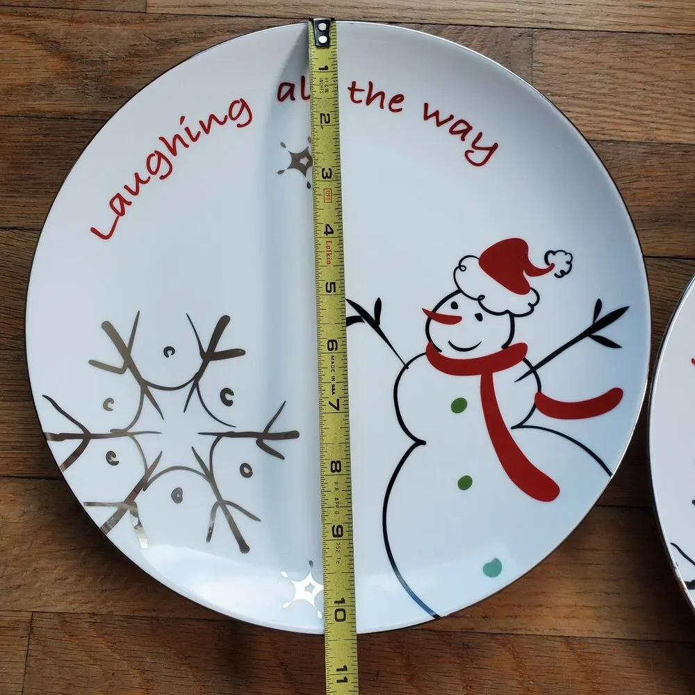Snowman plates laughing all the way snowflake winter Christmas set of two
